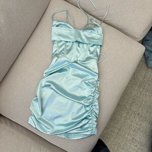 Lucy in the Sky Strapless Satin Dress in Light Blue